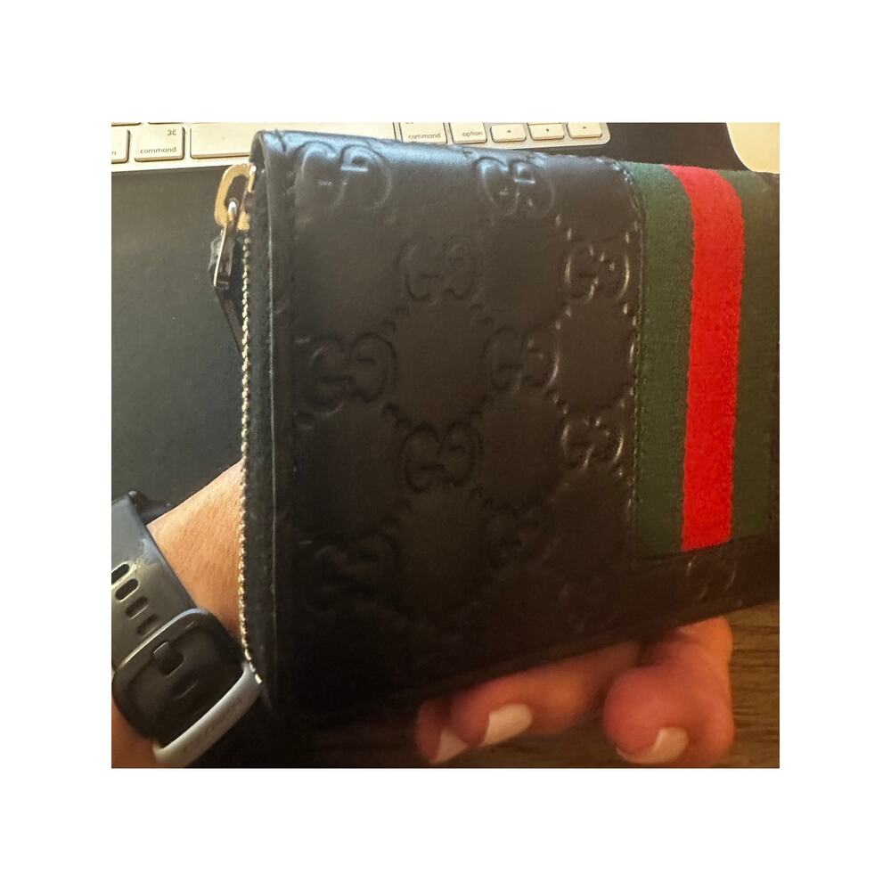 GUCCI BLACK GUCCISSIMA LEATHER WEB ZIP AROUND LONG WALLET - Picture 9 of 12